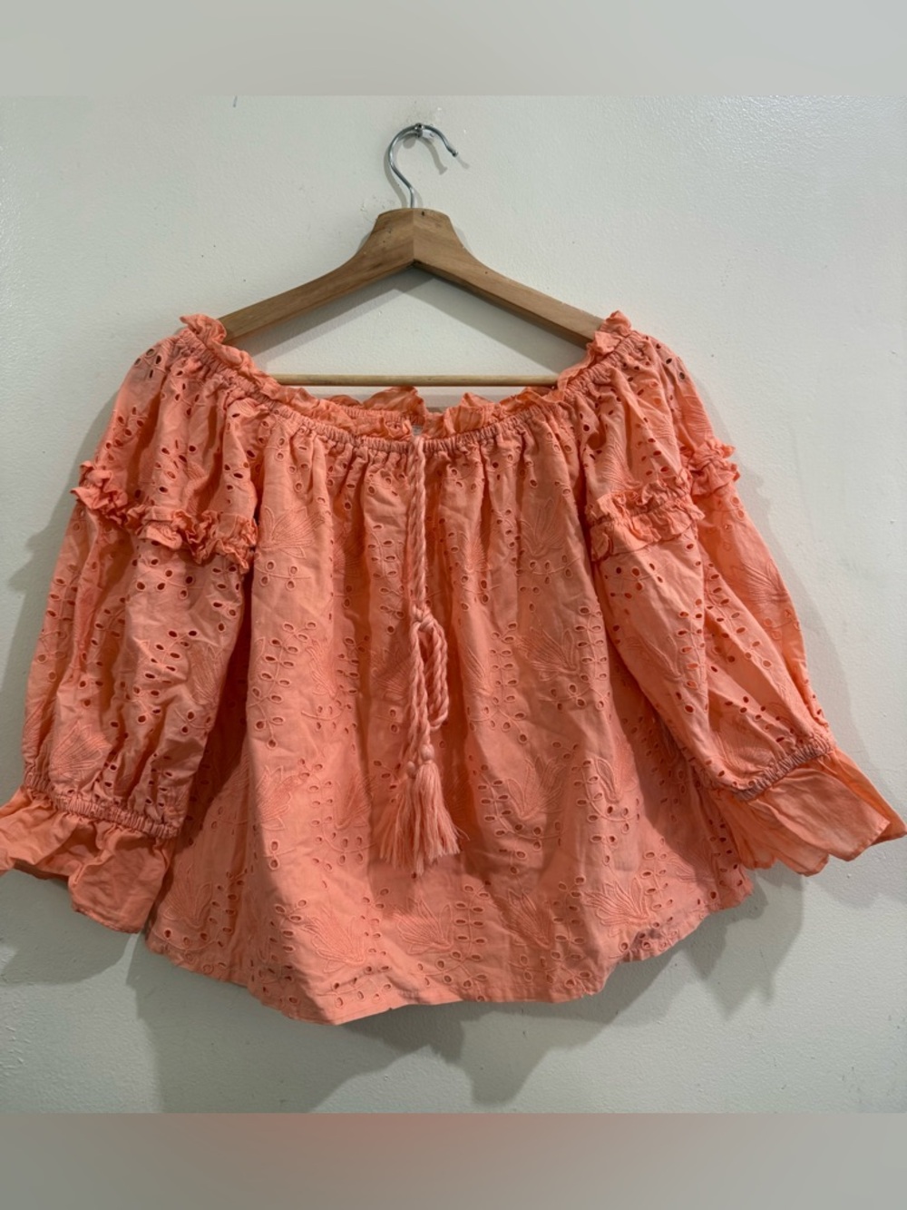 WORN Off-Shoulder Eyelet Blouse in Coral